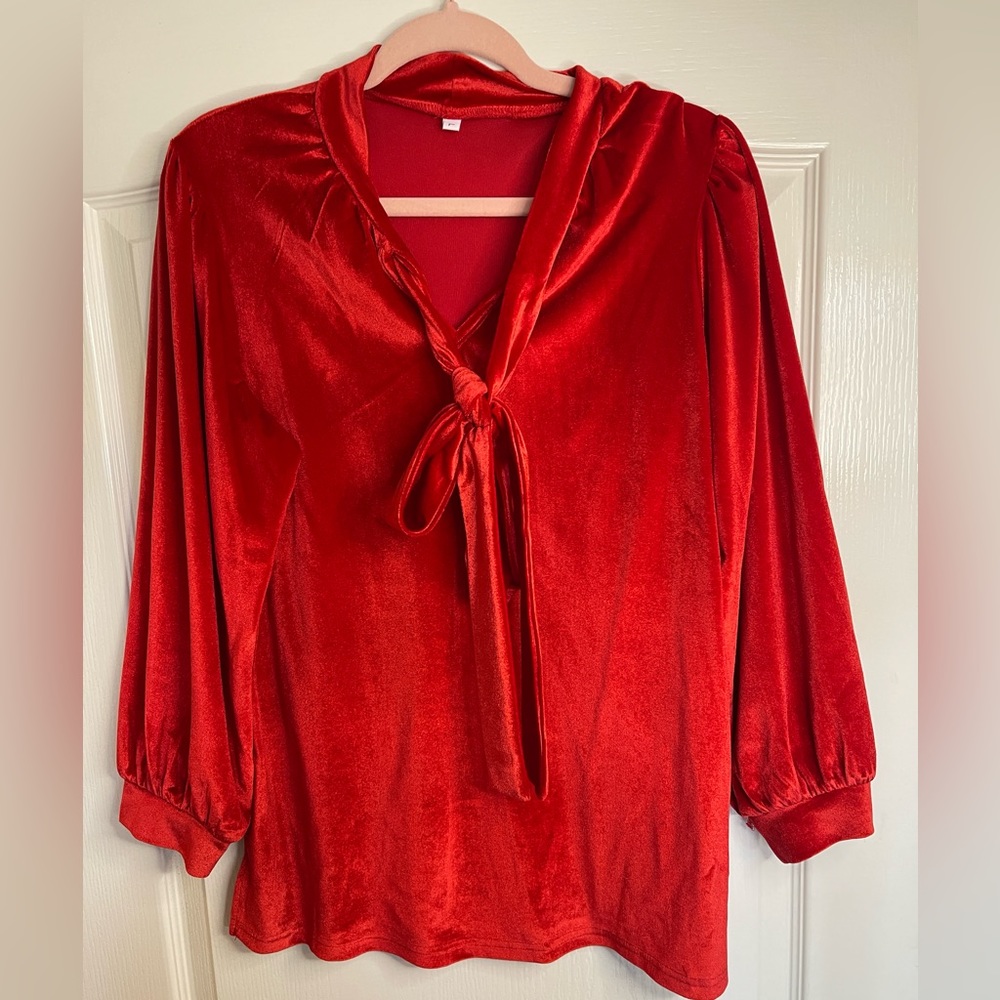 Boutique Red Velvet Puff Sleeve Women’s Bow Tie Neckline Holiday Christmas Top
